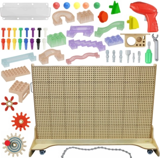 Masterkidz voľne stojaca STEM stena s príslušenstvom, kolíkmi, táckami, kockami a náradím