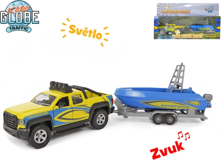 Kids Globe Traffic ťahač s loďou 27 cm, kovový model so svetlom a zvukom