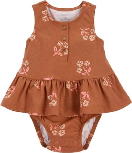 Dievčenské bavlnené body Carter’s bez rukávov s volánom Brown Flowers