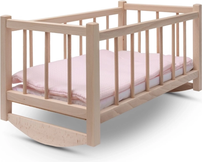 Drevená kolíska pre bábiky s posteľnou bielizňou Baby Mix