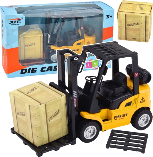 Kovový vysokozdvižný vozík s natahovacím pohonom, paleta a debna – žltý