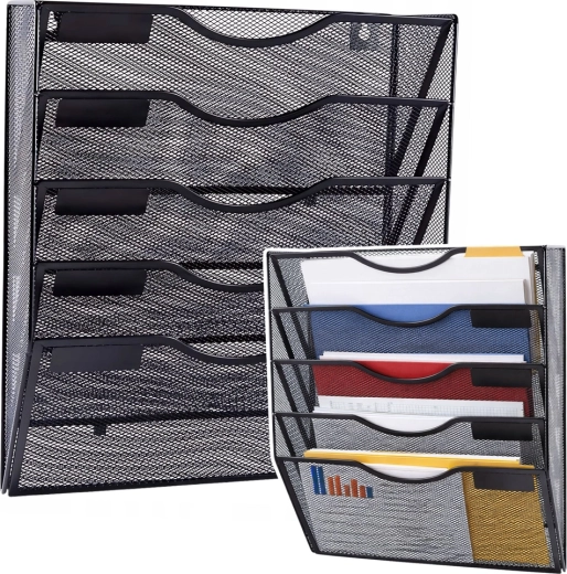 Kovový nástenný organizér na dokumenty A4, 5 priehradiek, čierny