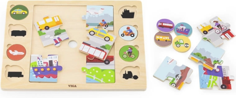 Viga drevené puzzle s priraďovaním tieňov – dopravné prostriedky