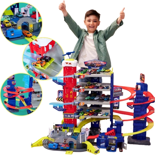Veľká garáž Super Chase Center s dráhami a 4 autami so svetlami a zvukmi MAJORETTE