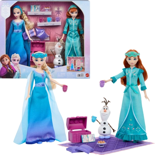 Mattel Disney Frozen Pyžamová párty – sada bábik Anna a Elsa s Olafom a doplnkami