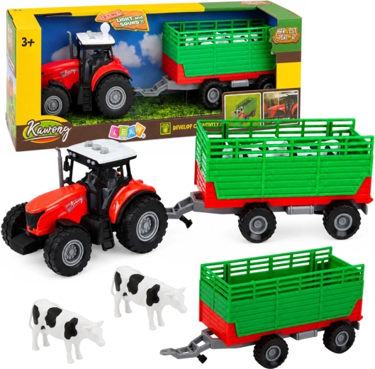 Traktor s odpojiteľným prívesom na prepravu zvierat so svetlami a zvukmi (4 diely)