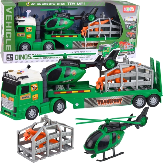 Detský transportný set s ťahačom, helikoptérou a klietkou na dinosaura so svetlami a zvukmi