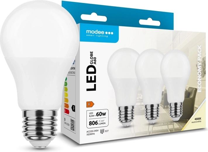 Modee LED žiarovka Globe A60 8,5 W E27, 806 lm, neutrálna biela, balenie 3 ks