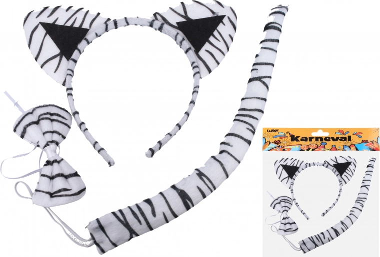 Karnevalová sada – biely tiger (čelenka, chvost a motýlik)