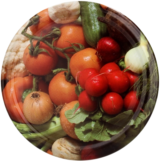 Sada viečok na zaváranie 82 mm s motívom zeleniny (reďkvičky a cibuľka) – 10 ks