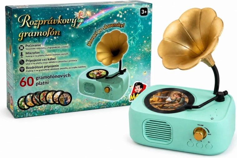 MaDe čarovný gramofón so 60 diskami (rozprávky, pesničky a zvuky) - 1 kus