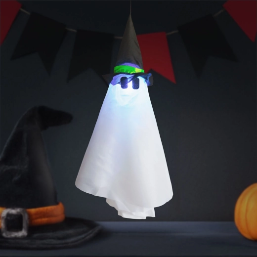 Závesná halloweenska dekorácia duch s RGB LED osvetlením 70 × 50 cm