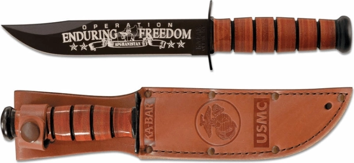 Ka-Bar pamätný vojenský nôž U.S.M.C. OEF Afghanistan 17,8 cm, čierny, kožená rukoväť, kožené puzdro