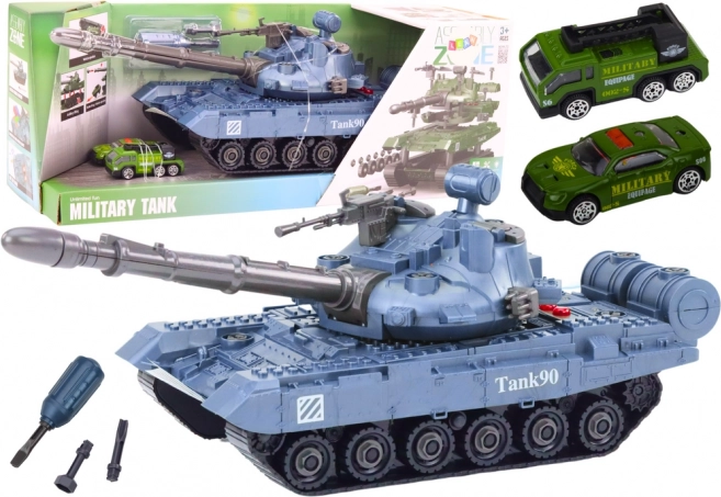 Interaktívna modrá hračka tank s náradím a zvukmi