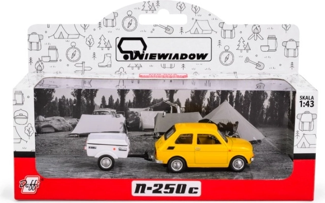 Fiat 126p s krátkym žltým prívesom Niewiad K-612
