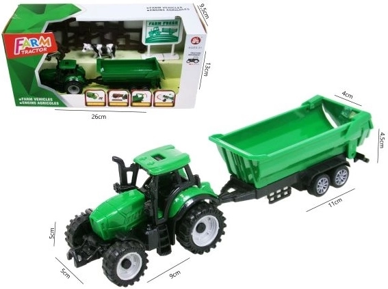 Zelený traktor s prívesom a príslušenstvom