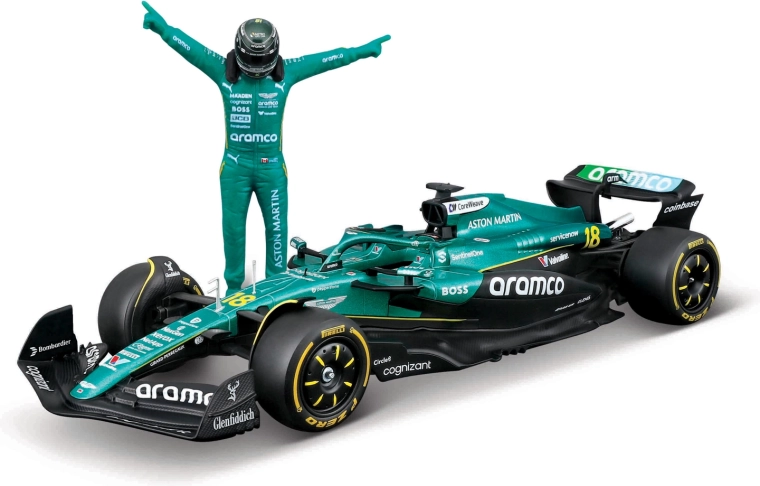 Model Formuly 1 Bburago Aston Martin AMR25 2025 Lance Stroll (číslo 18) 1:24 s figúrkou jazdca
