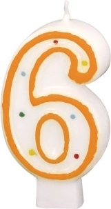 Narodeninová sviečka s číslom 6 biela s farebnými bodkami