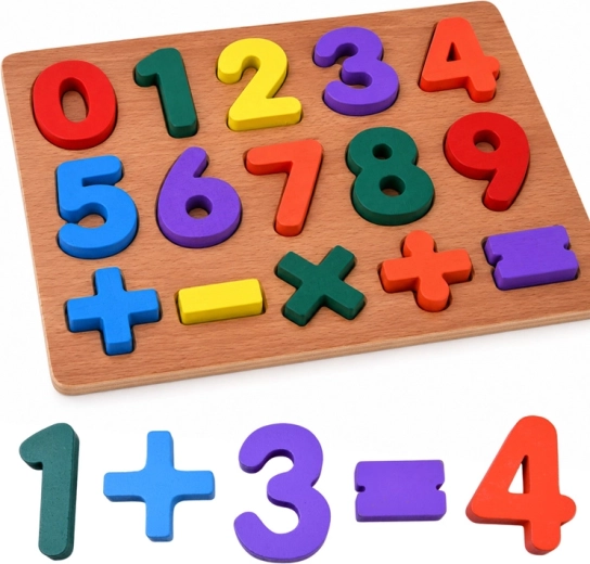 Drevené vzdelávacie puzzle s číslami a matematickými symbolmi