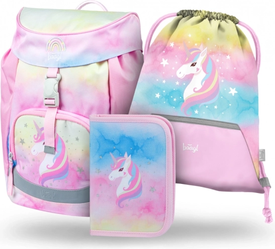 Školský set BAAGL Airy Rainbow Unicorn – batoh, peračník a vrecko