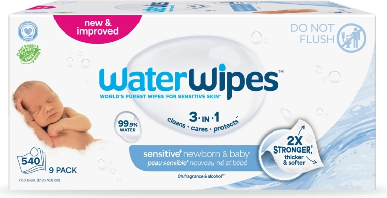 Vlhčené obrúsky WATERWIPES Newborn & Baby 3v1, 9×60 ks (spolu 540 ks)