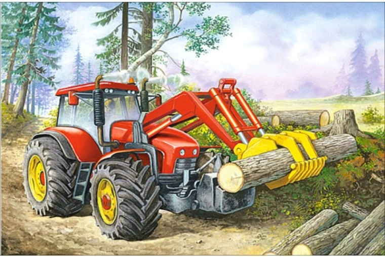 Diamantové vyšívanie (diamond painting) traktor s drapákom 35 × 25 cm