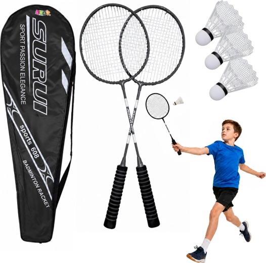 Súprava na bedminton s 2 raketami, 3 plastovými košíkmi a puzdrom, čierna