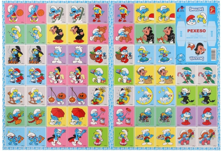 Pexeso Šmolkovia – papierová spoločenská hra, 32 obrázkových dvojíc