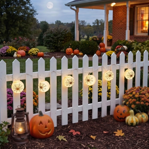 Halloweenska svetelná reťaz s pavučinovými lampášmi