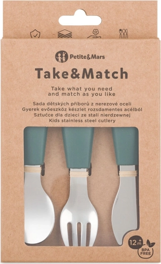 Petite&Mars sada detských príborov z nehrdzavejúcej ocele Take&Match misty green 12m+