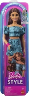 Zberateľská bábika Mattel Barbie Fashionistas s tmavými vlasmi v dvojdielnom tyrkysovom outfite