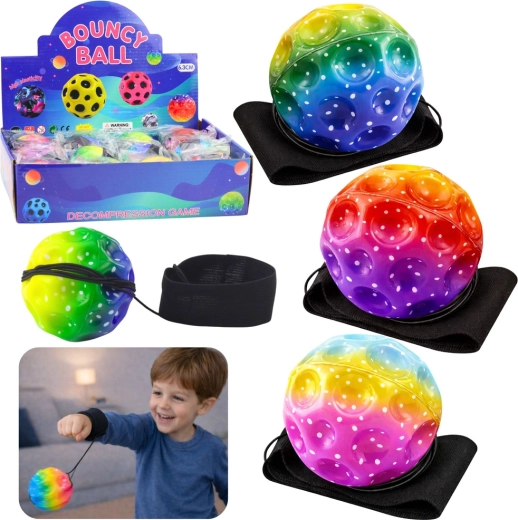 Senzorická loptička na gumičke s náramkom, dúhová, 6 cm