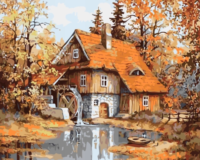 NORIMPEX Maľovanie podľa čísel Mlyn v lese pri rybníku 40 × 50 cm