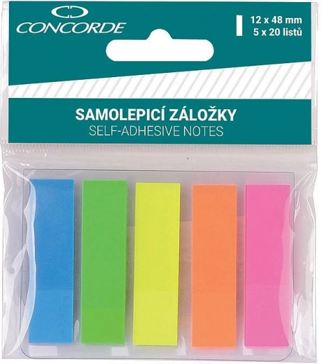 Samolepiace záložky neónové CONCORDE 12 × 48 mm, 5 farieb