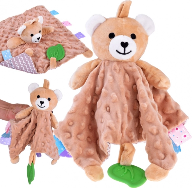 Plyšová maznáčiková plienkovka zajačik s štítkami a hryzátkom pre bábätká – Medveď