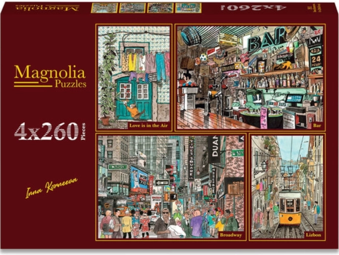 Magnolia sada puzzle Láska vo vzduchu, Retro bar, Broadway a Uličky Lisabonu 4×260 dielikov