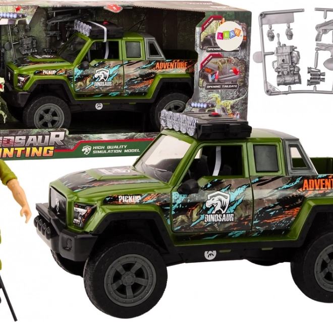 Zelené terénne auto s dino figúrkami a zvukovými efektmi