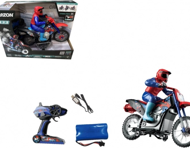 Kaskadérska RC motorka 1:10 červená s dymovými a svetelnými efektmi