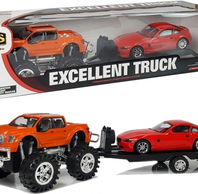 Sada vozidiel: oranžový monster truck s odťahovým prívesom a červeným športovým autom 58 cm