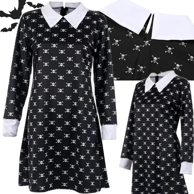 Detské kostýmové šaty Wednesday Addams s lebkami 135–145 cm
