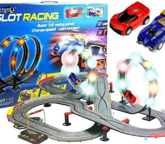Závodný slotový autodráhový set s LED slučkami 1:43, 2 autá