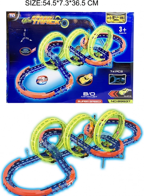 Svetiaca pretekárska dráha pre deti 3+ s 3 slučkami 360° a LED autíčkom, 74 dielov