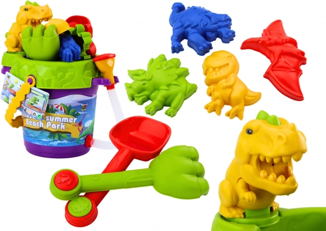 Detský pieskový set dinosaury – vedierko so sprškou, kanvička a formičky