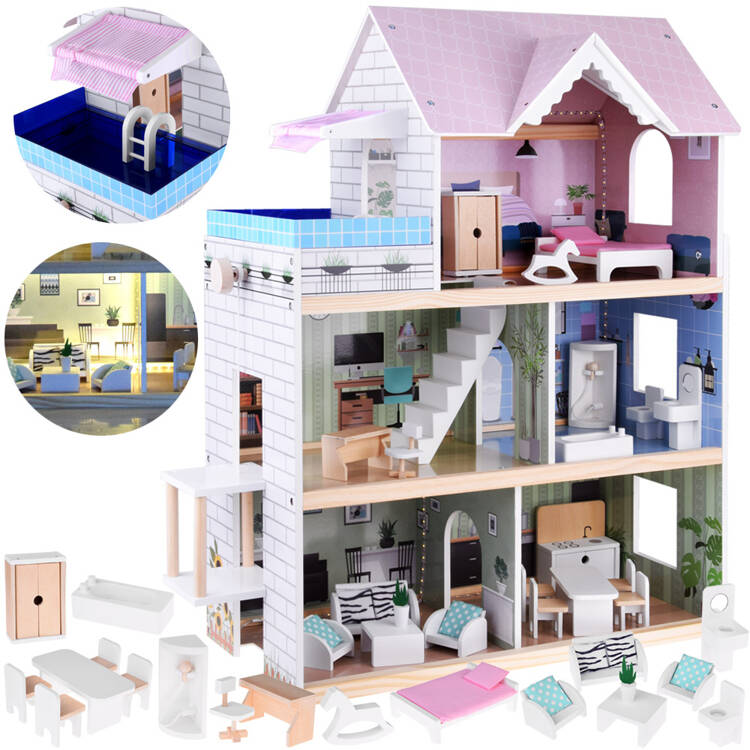 JOKO Veľký Detský Drevený domček pre bábiky 78cms LED svetlom a nábytkom, biely
