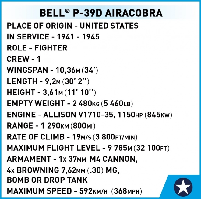 Stavebnica Bell P-39D Airacobra z druhej svetovej vojny 1:32