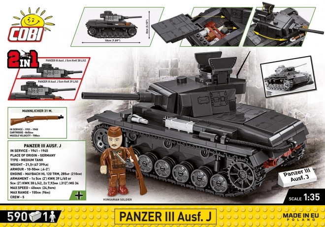 COBI II WW Panzer III Ausf J, 1:35, 590 k, 1 figúrka