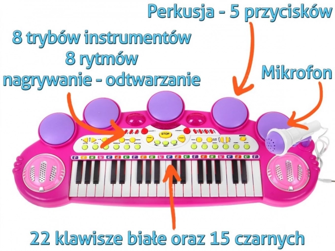 Ružová hudobná sada Keyboard + Bubny + Mikrofón pre deti 3+ Svetlá + Zvuky 3 oktávy