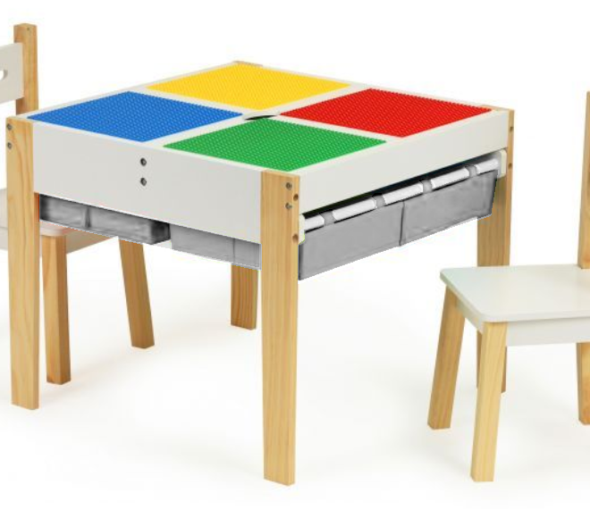 Detský drevený stôl s hracou doskou a dvoma stoličkami