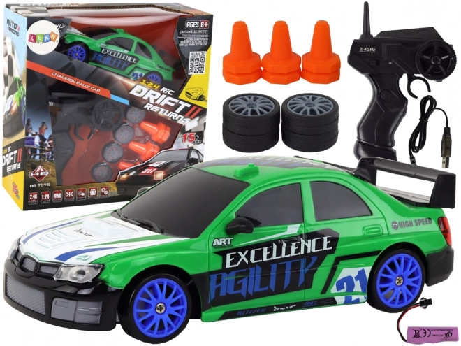 Zelené športové autíčko R/C s výmennými kolesami 1:24