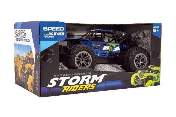 Auto RC buggy off-road modré 22cm plastové 2,4GHz batéria + dobíjací balíček v krabici 32x16x18cm